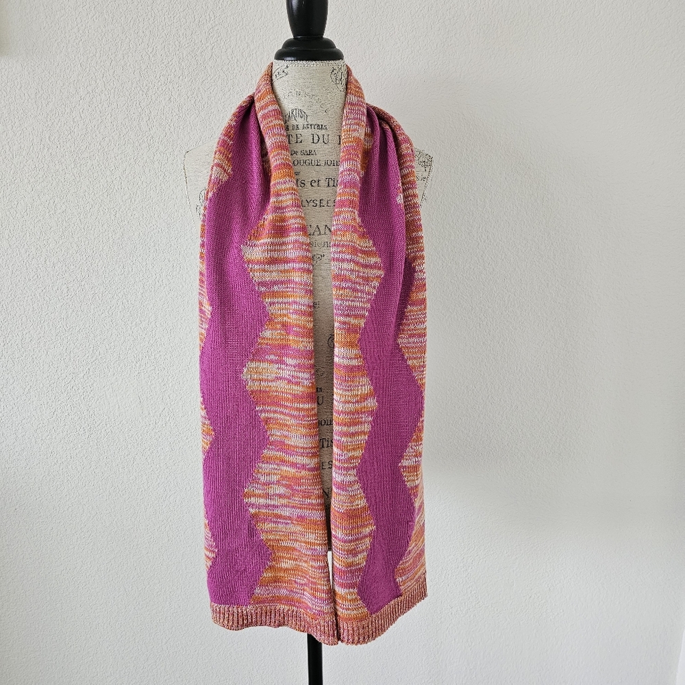 MISSONI Orange Label Italy Zigzag Knit Scarf - Wool Blend - Pink Orange Multi